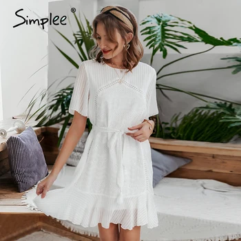 

Simplee Casual white women summer ruffle dress Elegant cotton embroidery female short sundress Holiday A line ladies mini dress