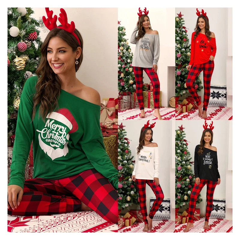

Christmas Women's Home Furnishing Suit Clothes Long Sleeve Printed Tops Round Neck One Shoulder Plaid Pants Loose Stretch Pants