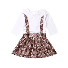 Милый комплект из 2 предметов, белое боди с длинными рукавами для маленьких девочек, платье на подтяжках с цветами, юбка, комплекты одежды из 2 предметов для маленьких девочек