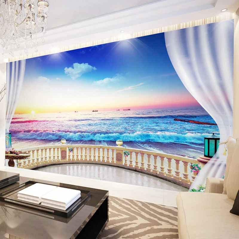 3D Window Balcony Beach Seascape Wall Mural Painting Wallpaper Photo Home Decor 