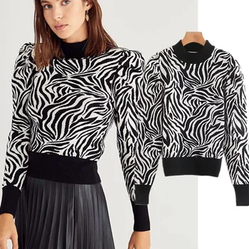 

inter sweaters women england elegant office lady Zebra knitting jacquard o-neck pull femme sweaters women pullovers