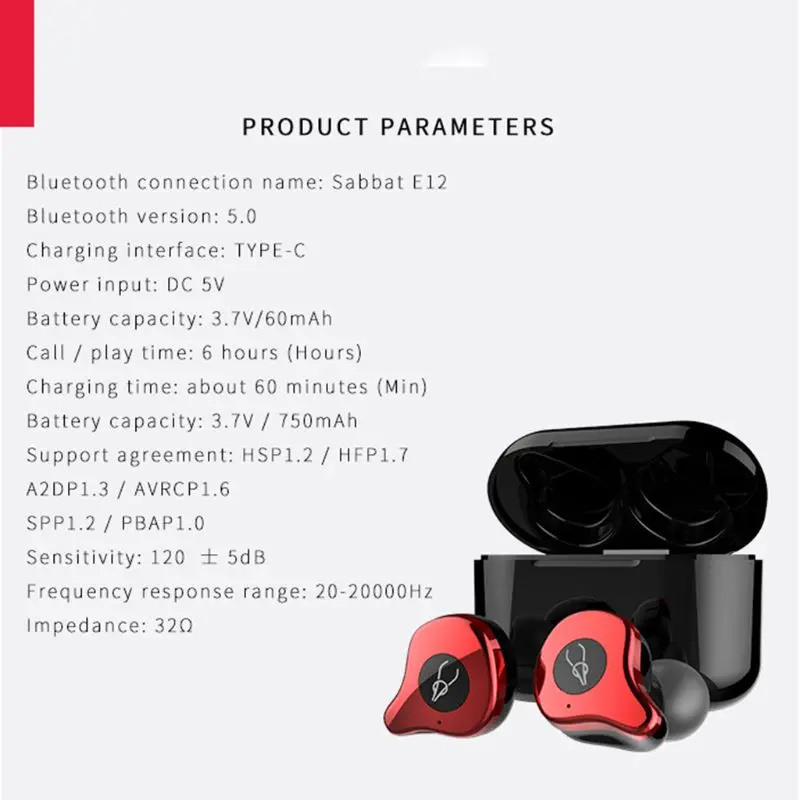 1Pair Sabbat E12 TWS Portable Wireless Bluetooth Earphones with Charging Box