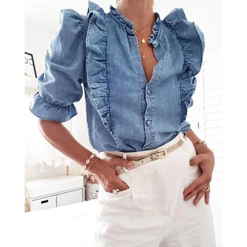 

2020 Summer Short Sleeve Cotton Ruffle Top Female Stand Neck Denim Blue Women Blouse Shirt Ladies Loose Solid Chic Casual Blouse