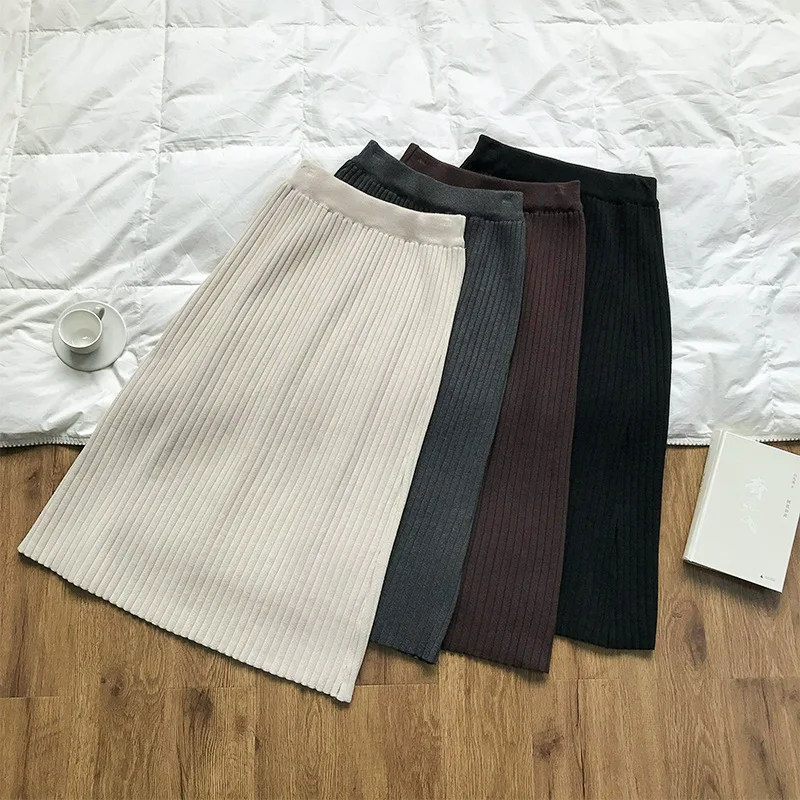 HXJJP Autumn Winter Knitted Skirt Women's New Mid Length High Waist Thin Solid Color Buttock Skirt