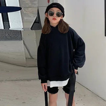 

Hooded webbing girls pure color sweater loose big kids 2020 autumn new ins trendy