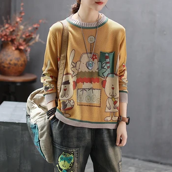 

Women Female Spring Autumn Fashion Brand Korea Style Vintage Cartoon Rabbit Chicken Print O-neck Knitted Sweaters Pullover Cloth