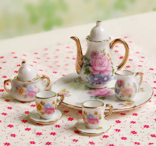 8PCS Flower Pattern Charms Dish Plate Tea Cup Set for 1/6 Scale Dollhouse House Miniature Pot Porcelain Ceramic Flower Print