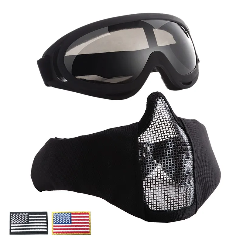 Тактические страйкбольные полумаски для лица дышащие полуметаллические стальные сетчатые маски для лица+ UV400 очки+ комплект нарукавных повязок для тактической охоты