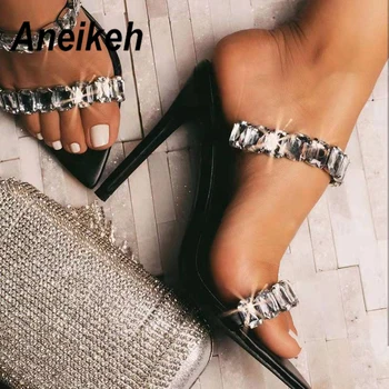 

Aneikeh 2020 PVC Fashion Shoes Woman Sandals Beads Rhinestone Sequins pointed end Peep Toe Party Thin High Heels Sandals Ladies