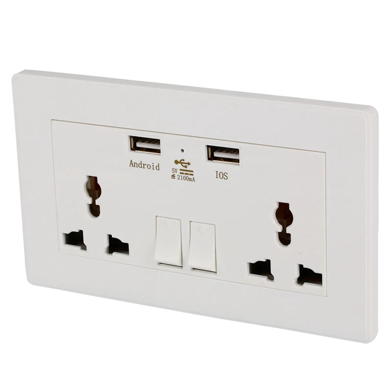 

International Universal Plug Socket 2.1A Usb Wall Switch Socket 3 Holes Dual Usb Port Power Charger Outlet Panel