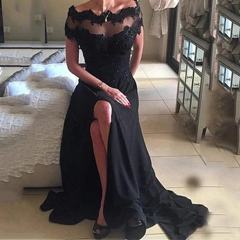 

A-Line Evening Dresses 2020 Lace Appliques Sexy Slit Beading Tulle Back Long Evening Dresses Elegant Vestido De Festa