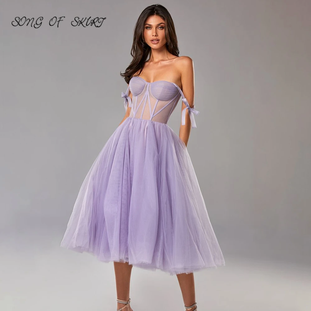 

Women's Lilac Tea Length Prom Dresses Sweetheart Formal Wedding Party Celebrity Gown Evening Robe De Soirée Femme Courte