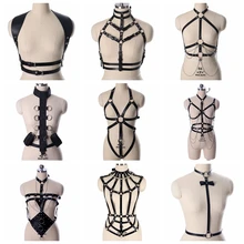 Топ клетка Жгут Бюстгальтер кожаный ремень Панк цепь выдалбливают белье Готический тело Связывание фестиваль одежда сексуальный подтяжки Отрегулируйте