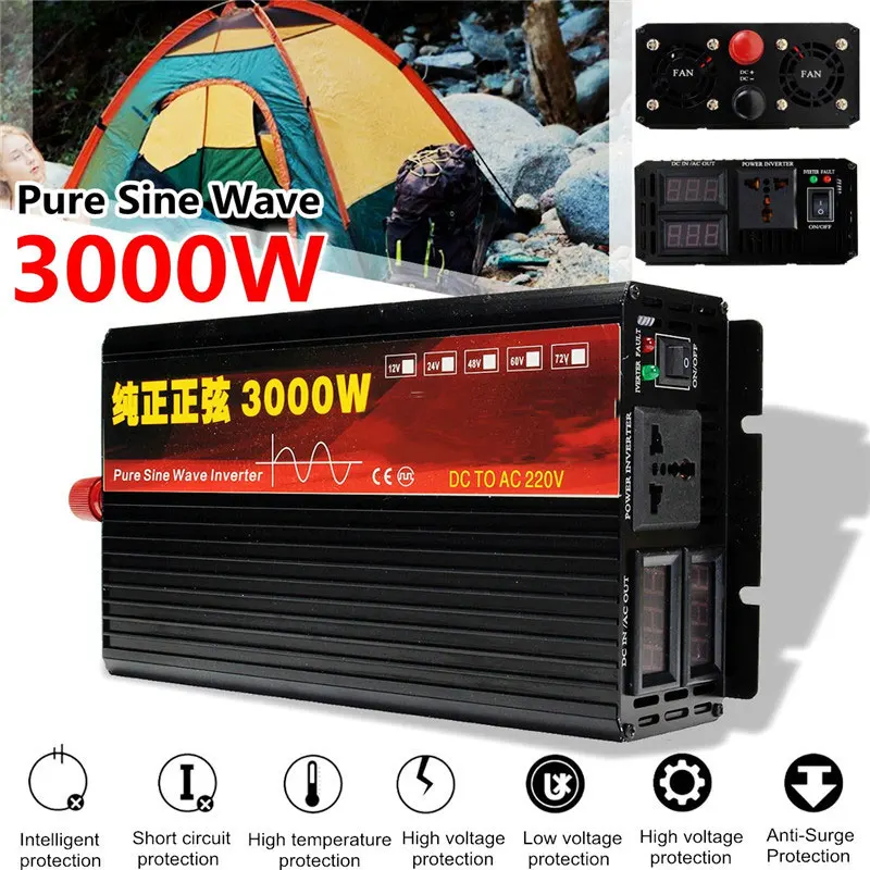 Инвертор 12 V/24 V 220V 2000/3000/4000W Напряжение трансформатор с немодулированным синусоидальным сигналом Мощность инвертор DC12V к переменному току 220V преобразователь+ 2 светодиодный Дисплей