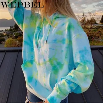 

WEPBEL New Fashion Women's Hooded Sweater Casual Tie Dye Printed Long Sleeve Loose Tops Hoodies Coat with Pocket