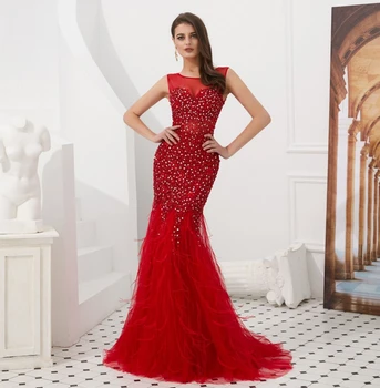 

Red Mermaid Evening Dresses Top Stones Skirt Feather Elegant Formal Party Gowns Sukienka Wieczorowa Robe De Soiree