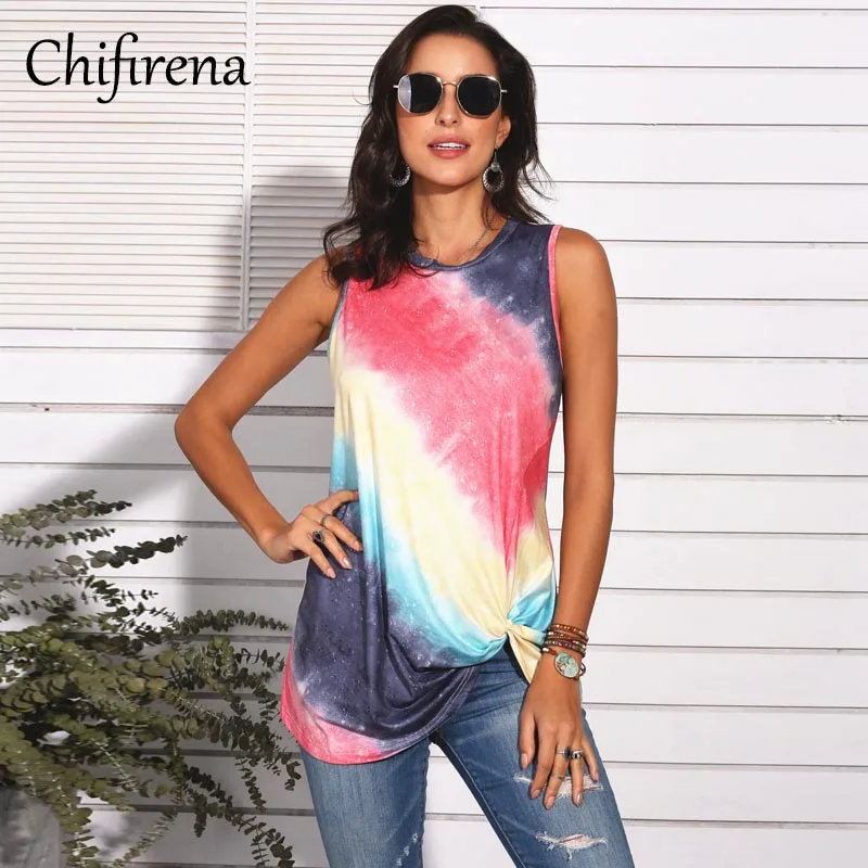 

Chifirena Summer Tie Dye Casual Tank Tops Women Sleeveless O-neck Front Knot Tunic Tops Shirts Sexy Workout Sporty Vest Female