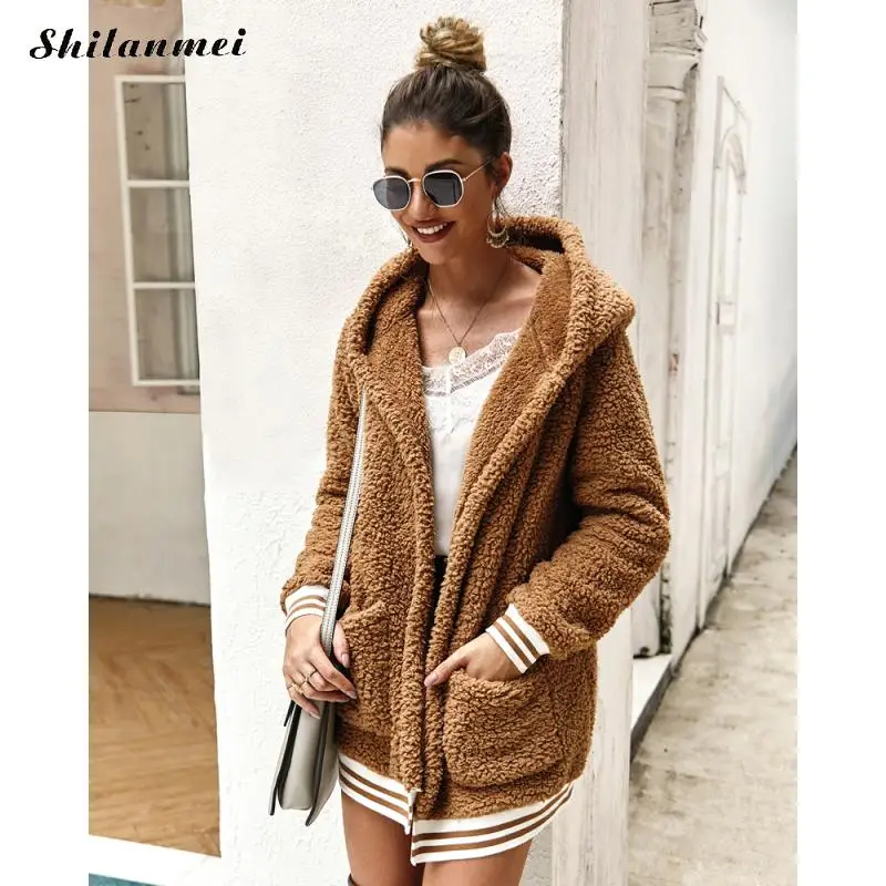 Женское флисовое пальто с капюшоном Стильная розовая Chaqueta Mujer Высокая мода женское меховое пальто свободная верхняя одежда осенне-зимнее плюшевое пальто