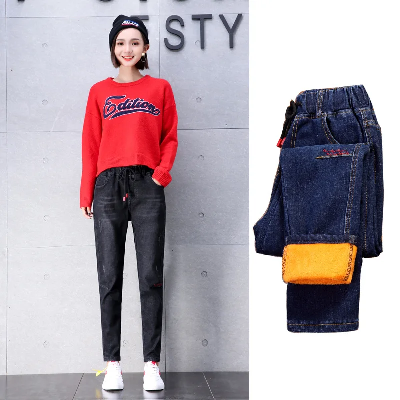 2019 Женские флисовые джинсы сексуальные зимние джинсовые штаны шаровары с