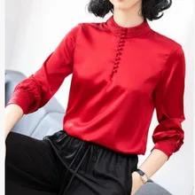 Весна, новинка, китайский топ с пуговицами и воротником, Одноцветный, тонкий, модный, элегантный, темпераментный, Шелковый, женская футболка