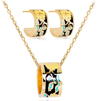 

Zlxgirl fashion women's brand Colorful Enamel stainless pendant earring jewelry set gold color small couple jewelry sets brinco