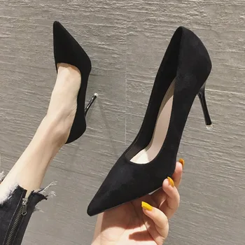 

women's shoes black high women's summer slim pointed sexy versatile suede shallow mouth single shoes 2020 new