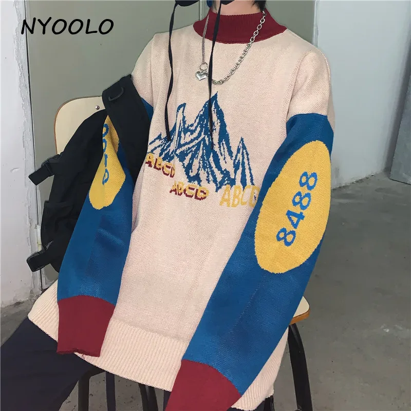 NYOOLO осенне-зимняя уличная одежда с горными буквами в стиле пэчворк, теплый свитер, Повседневные пуловеры с круглым вырезом, вязаные толстые свитера для женщин и мужчин