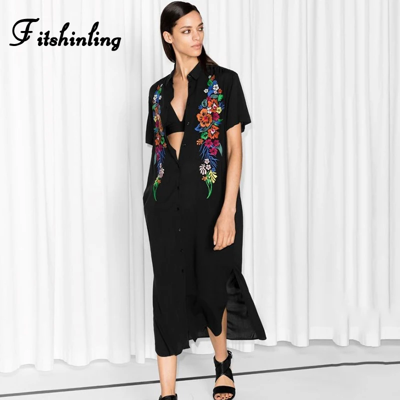 

Fitshinling Embroidery Shirt Dress Beach Wear Tunic Holiday 2020 Summer Black Pareos Bohemian Button Up Sexy Dresses For Women