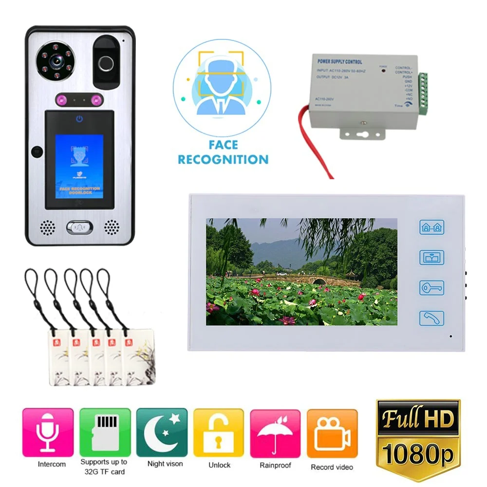 7 inch Record Wired Video Door Phone Doorbell Intercom System with Face Recognition Fingerprint RFIC Card HD 1080P Camera