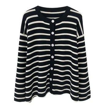 

Striped Knit Cotton Cardigan Sweaters Women Dropped Shoulder Cardigans