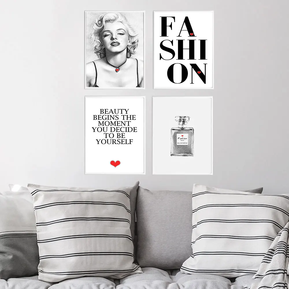 

Marilyn Monroe Picture Fashion Quote and Perfume Poster Wall Art Canvas Print Painting for Bedroom Decoration Black Metal Frame