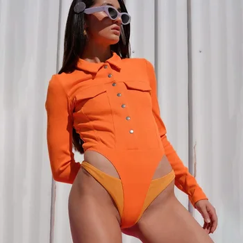 

2019 Autumn Winter Women's New Lapel Straight-breasted Bottoming Slim Jumpsuit T-shirt Bodysuit Long Sleeve Orange Clothes