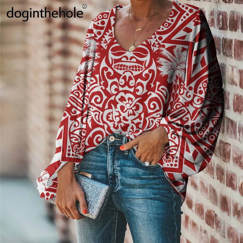 

Doginthehole Women Large Size Loose Tops Polynesian Tribal Pattern Chiffon Shirts Lady Vintage Ethnic Design Long Sleeve Blouse
