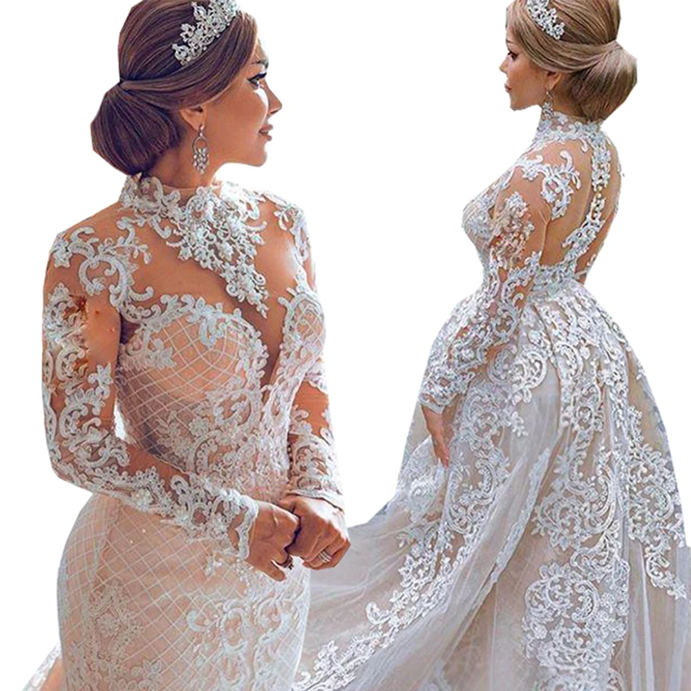 

Luxurious Champagnes Tulle Ivory Wedding Dresses Bridal Gown Robe De Mariee 2 In 1 Mermaid Afican Bride Dress With Moved Train