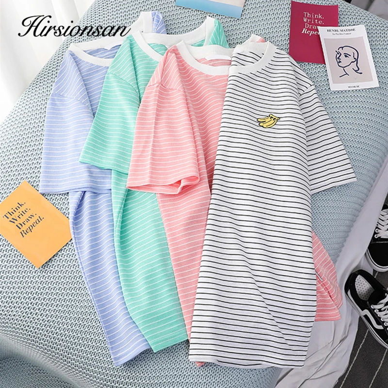 Hirsionsan Cartoon100% Cotton Printed T Shirt Summer Women Korean Striped Tee 2019 Short Sleeve Tops Femme O-Neck Loose Shirts | Женская