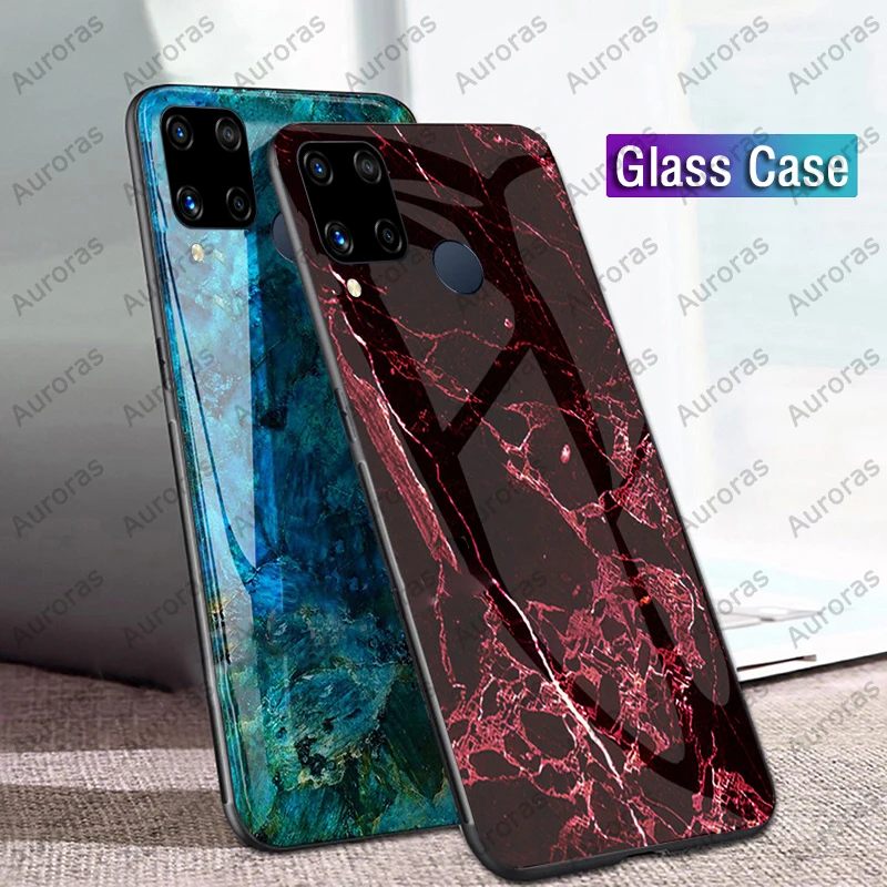 Auroras For Realme Narzo 30A Case Tempered Glass Soft Silicone Frame Cover Marble Print C11 C12 C15 C25 | Мобильные телефоны и