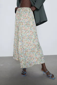 

2020 new Spring Summer European Wrinkles Effect Printed zaraing women skirt vadiming sheining female skirt streetwear XDN9681