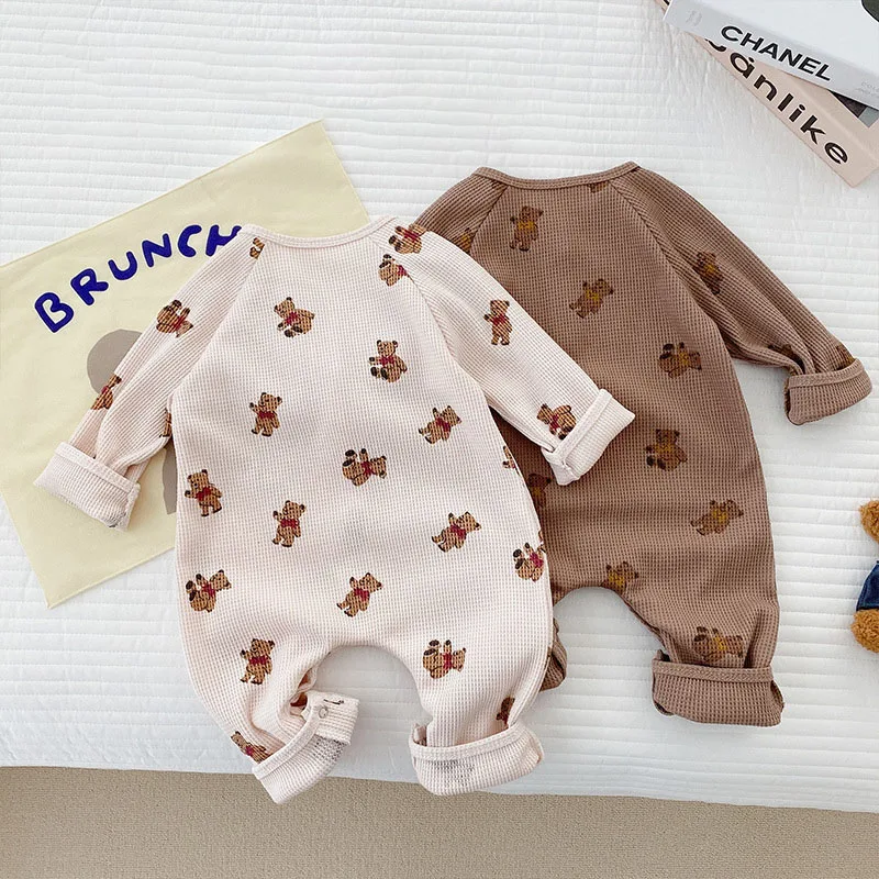 Autumn Baby Boy Bear Jumpsuits Waffle Rompers