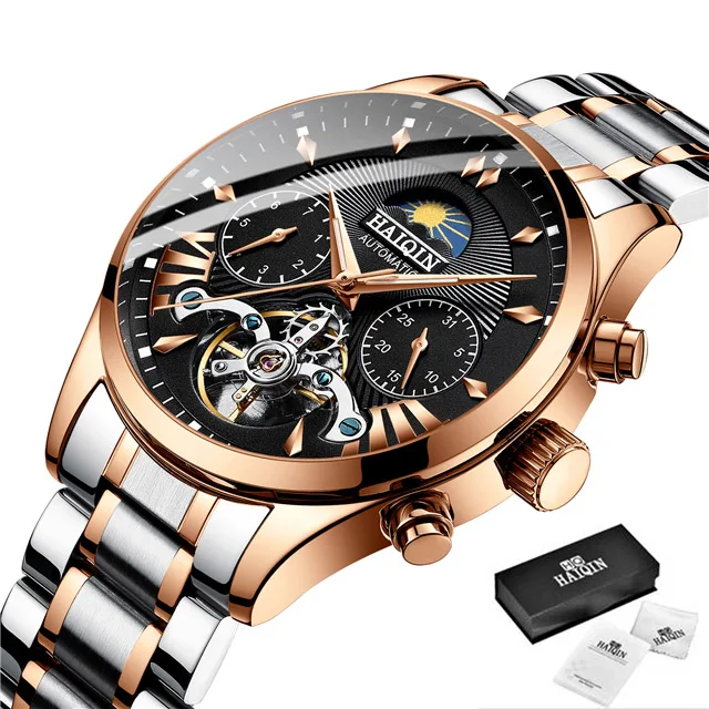 HAIQIN автоматические мужские часы Топ бренд наручные часы для мужчин tourbillon водонепроницаемые часы мужские стальные часы reloj hombre - Цвет: Gold-black