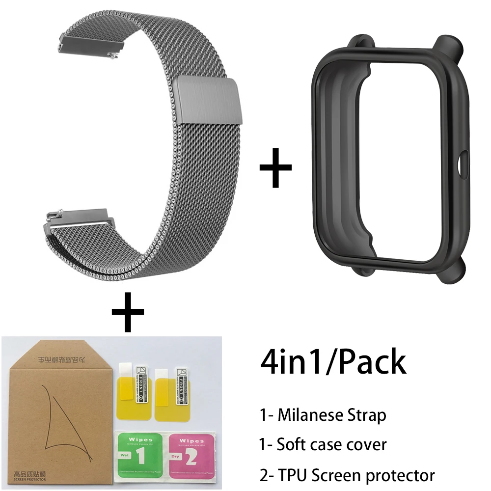 4in1 Smartwatch Accessories For Xiaomi Huami Amazfit Bip Strap Stainless Steel Bracelet Magnet With Plating Case Protector Film - Цвет: Gray-Black case