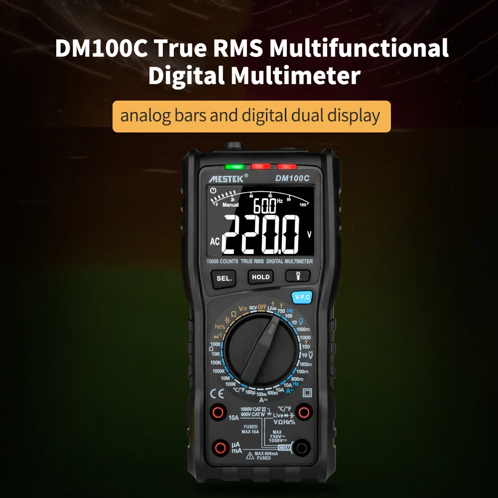 MESTEK DM100C 10000 Counts True RMS Digital Multimeter Measuring AC/DC Voltage Current Resistance Capacitance Frequency
