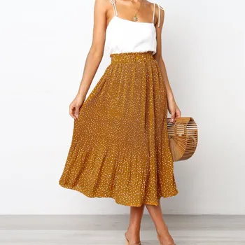 

2020 New Arrival Ladies Skirts Knee Length Cotton Fashion Party Cocktail Summer Women Dot Printed Skirt High Waist Long Skirt