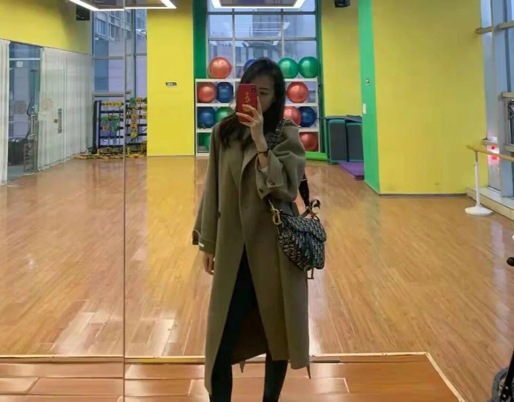 Новое корейское Женское шерстяное пальто x-Long ручная работа двухстороннее шерстяное пальто с поясом для женщин