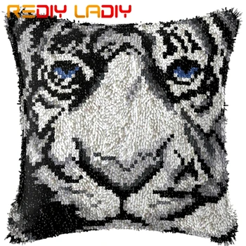 

Latch Hook Cushion White Tiger Pillow Case Pre-Printed Color Canvas Acrylic Yarn Latched Hook Pillow Crochet Cushion Cover Kits
