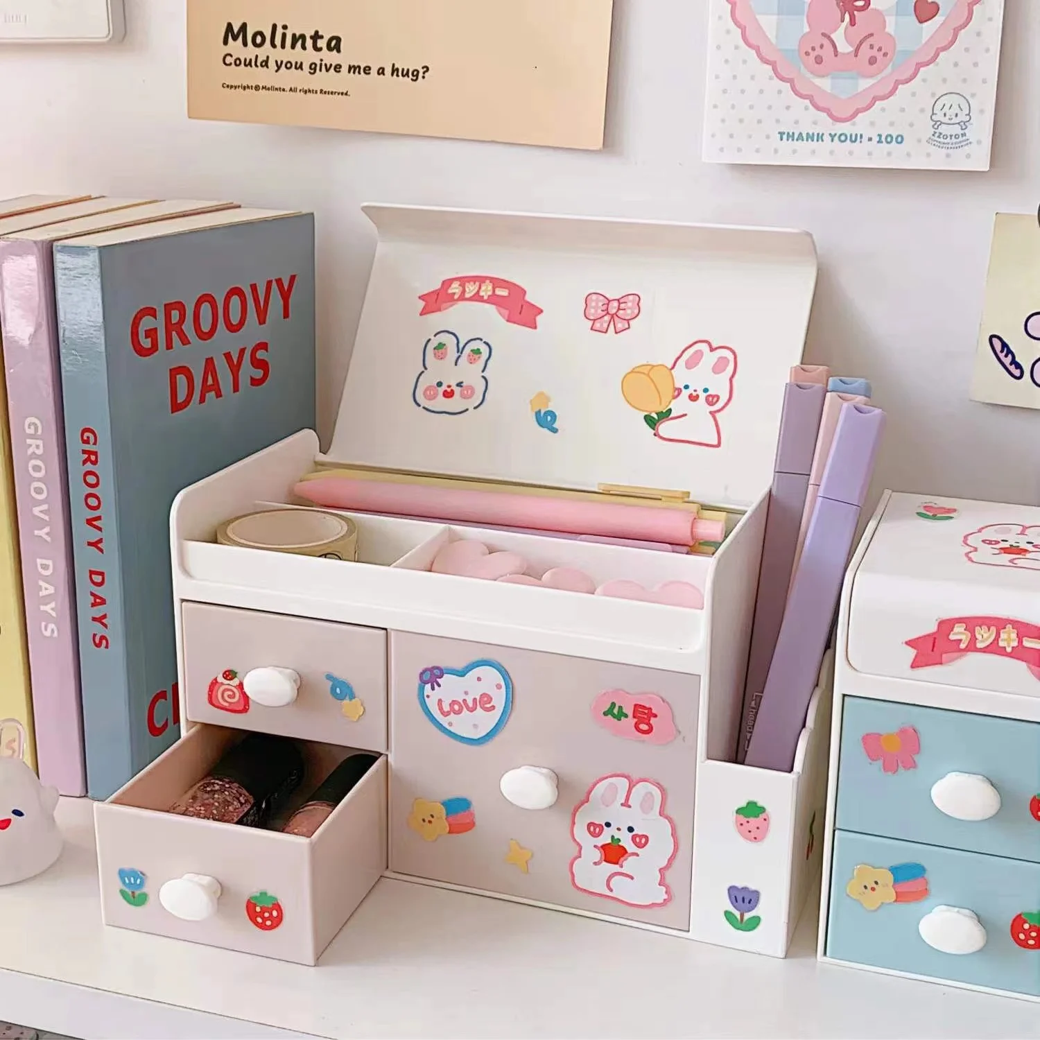 

Cute Multifunctional Desktop Drawer Organizer ABS Pen Holder Bookends Desktop Storage Box Makeup Box Office School Stationery