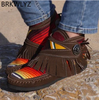 

Women Tassel Stripe Ankle Boots 2020 Women's Sewing Warm Woman Flats Female Shoe Ladies Casual Hook Loops Footwear Plus Size 43