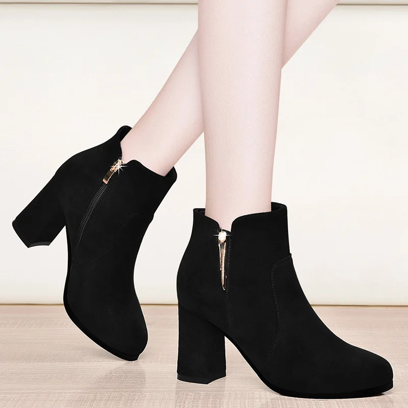 

Neb angel Pointed Toe Chunky Heel Short Boots Women's 2019 Autumn And Winter New Style Ann High-Heel Martin Boots plus Velvet Bo