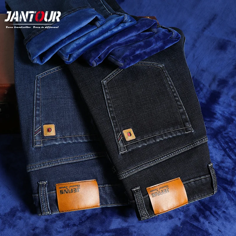 (Forro polar y regulador) para hombre, pantalones vaqueros gruesos cálidos de Corte recto, de algodón, talla grande 40 42 44 46, para invierno