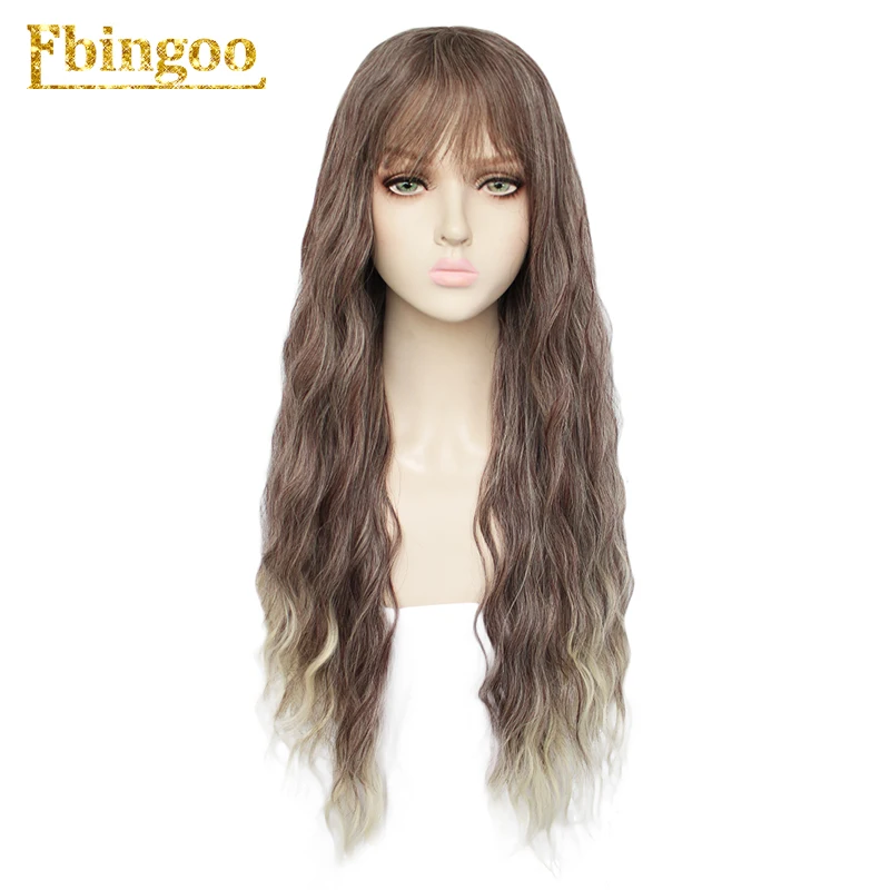 Ebingoo длинный глубокий рулон волна блонд черный белый розовый синий синтетический парик с аккуратной челкой для женщин высокотемпературное волокно