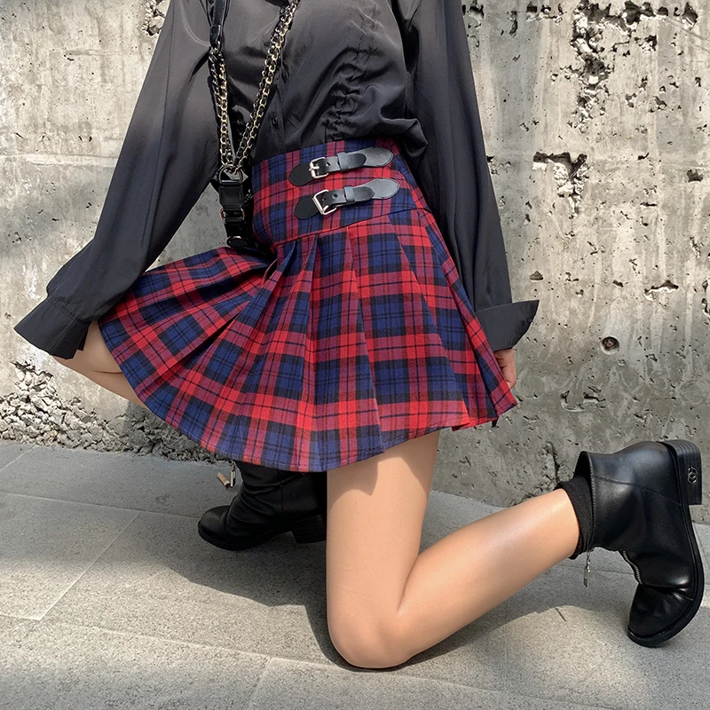 Новые клетчатые юбки для женщин, свободные юбки с высокой талией Harajuku, плиссированные юбки с цепочкой, хлопковые школьные юбки для девочек, модная женская юбка
